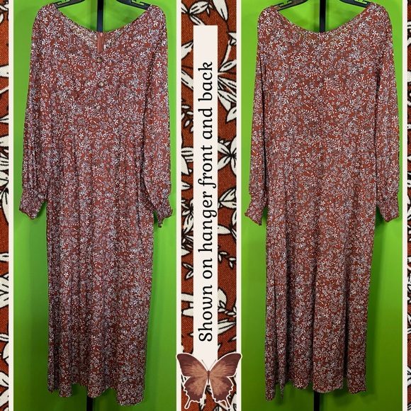 GAOVOT NWT L BROWN/IVORY FLORAL LONG MAXI DRESS W SIDE SLITS LIGHTWEIGHT UNLINED - Picture 4 of 16